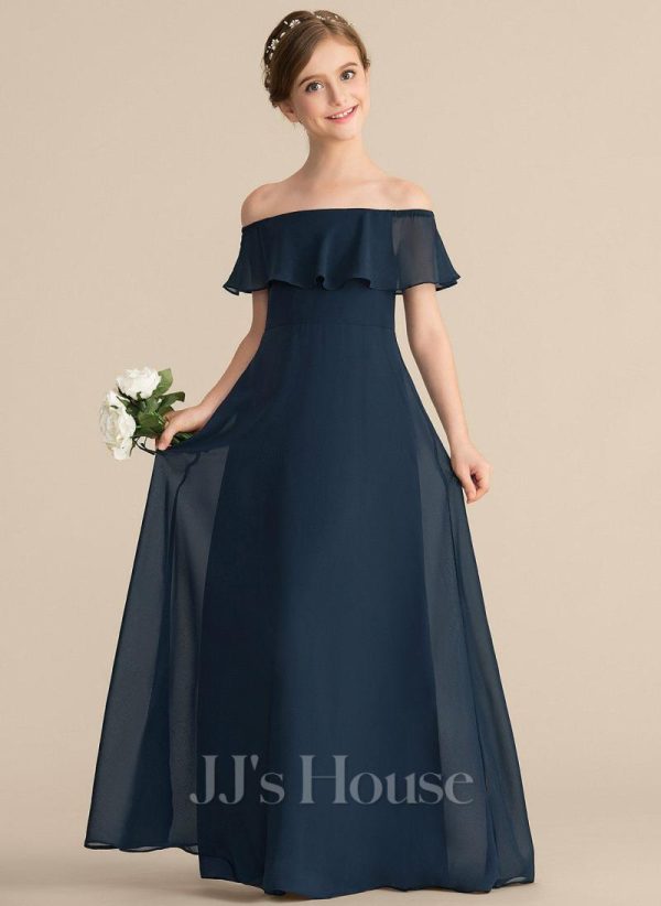 Junior Bridesmaid Dresses | A-line Off the Shoulder Floor-Length Chiffon Junior Bridesmaid Dress With Cascading Ruffles Dark Navy – Girls