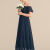 Junior Bridesmaid Dresses | A-line Off the Shoulder Floor-Length Chiffon Junior Bridesmaid Dress With Cascading Ruffles Dark Navy – Girls