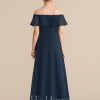 Junior Bridesmaid Dresses | A-line Off the Shoulder Floor-Length Chiffon Junior Bridesmaid Dress With Cascading Ruffles Dark Navy – Girls