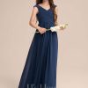 Junior Bridesmaid Dresses | A-line Off the Shoulder Floor-Length Chiffon Junior Bridesmaid Dress With Pleated Navy Blue – Girls