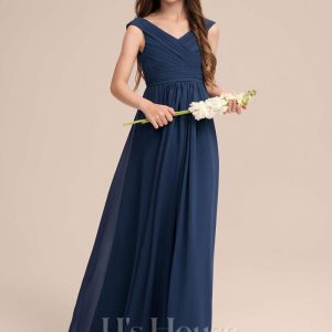 Junior Bridesmaid Dresses | A-line Off the Shoulder Floor-Length Chiffon Junior Bridesmaid Dress With Pleated Navy Blue – Girls