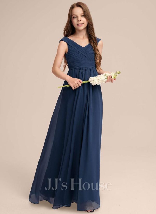 Junior Bridesmaid Dresses | A-line Off the Shoulder Floor-Length Chiffon Junior Bridesmaid Dress With Pleated Navy Blue – Girls