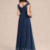 Junior Bridesmaid Dresses | A-line Off the Shoulder Floor-Length Chiffon Junior Bridesmaid Dress With Pleated Navy Blue – Girls