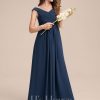 Junior Bridesmaid Dresses | A-line Off the Shoulder Floor-Length Chiffon Junior Bridesmaid Dress With Pleated Navy Blue – Girls