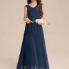 Junior Bridesmaid Dresses | A-line Off the Shoulder Floor-Length Chiffon Junior Bridesmaid Dress With Pleated Navy Blue – Girls