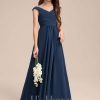 Junior Bridesmaid Dresses | A-line Off the Shoulder Floor-Length Chiffon Junior Bridesmaid Dress With Pleated Navy Blue – Girls