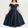 Junior Bridesmaid Dresses | A-line Off the Shoulder Tea-Length Satin Junior Bridesmaid Dress Dark Navy – Girls