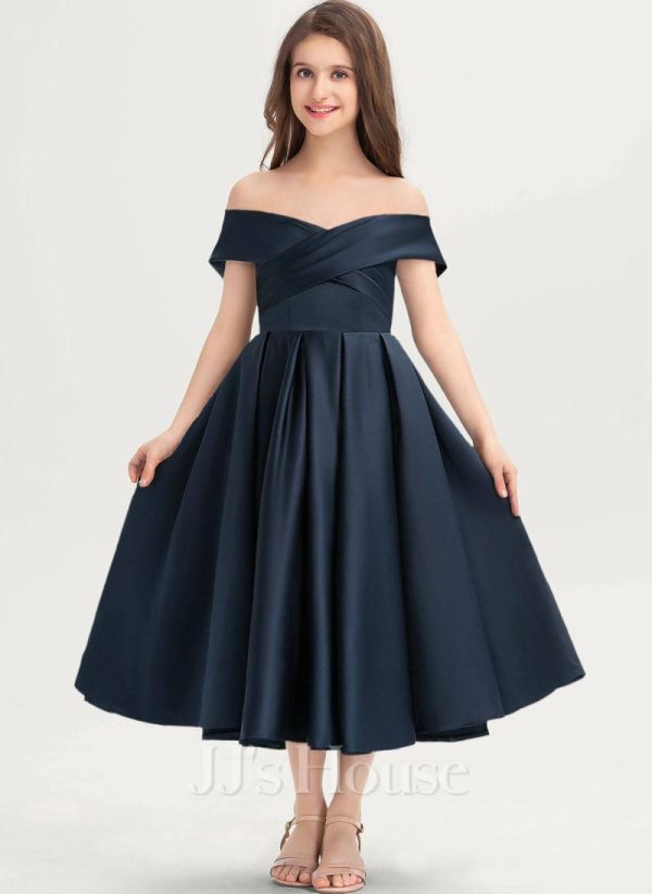 Junior Bridesmaid Dresses | A-line Off the Shoulder Tea-Length Satin Junior Bridesmaid Dress Dark Navy – Girls