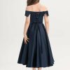 Junior Bridesmaid Dresses | A-line Off the Shoulder Tea-Length Satin Junior Bridesmaid Dress Dark Navy – Girls