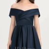 Junior Bridesmaid Dresses | A-line Off the Shoulder Tea-Length Satin Junior Bridesmaid Dress Dark Navy – Girls