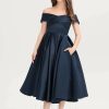 Junior Bridesmaid Dresses | A-line Off the Shoulder Tea-Length Satin Junior Bridesmaid Dress Dark Navy – Girls