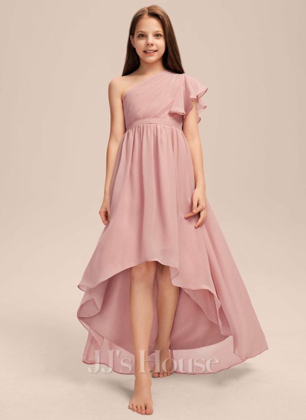 Junior Bridesmaid Dresses | A-line One Shoulder Asymmetrical Chiffon Junior Bridesmaid Dress Blush – Girls