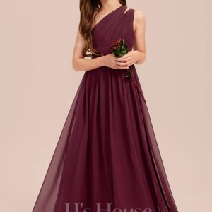 Junior Bridesmaid Dresses | A-line One Shoulder Floor-Length Chiffon Junior Bridesmaid Dress Cabernet – Girls