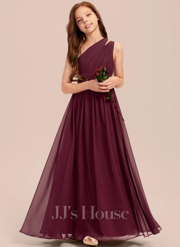 Junior Bridesmaid Dresses | A-line One Shoulder Floor-Length Chiffon Junior Bridesmaid Dress Cabernet – Girls