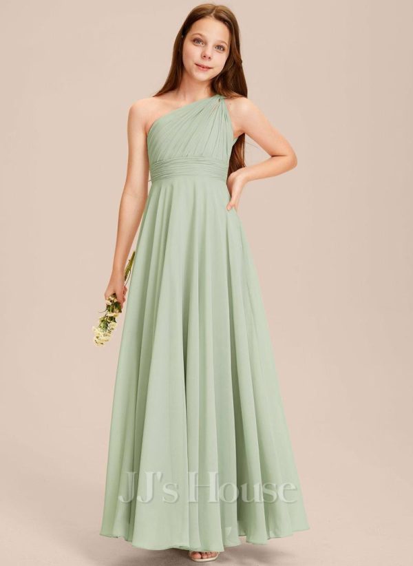 Junior Bridesmaid Dresses | A-line One Shoulder Floor-Length Chiffon Junior Bridesmaid Dress Celadon – Girls