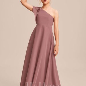 Junior Bridesmaid Dresses | A-line One Shoulder Floor-Length Chiffon Junior Bridesmaid Dress Desert Rose – Girls