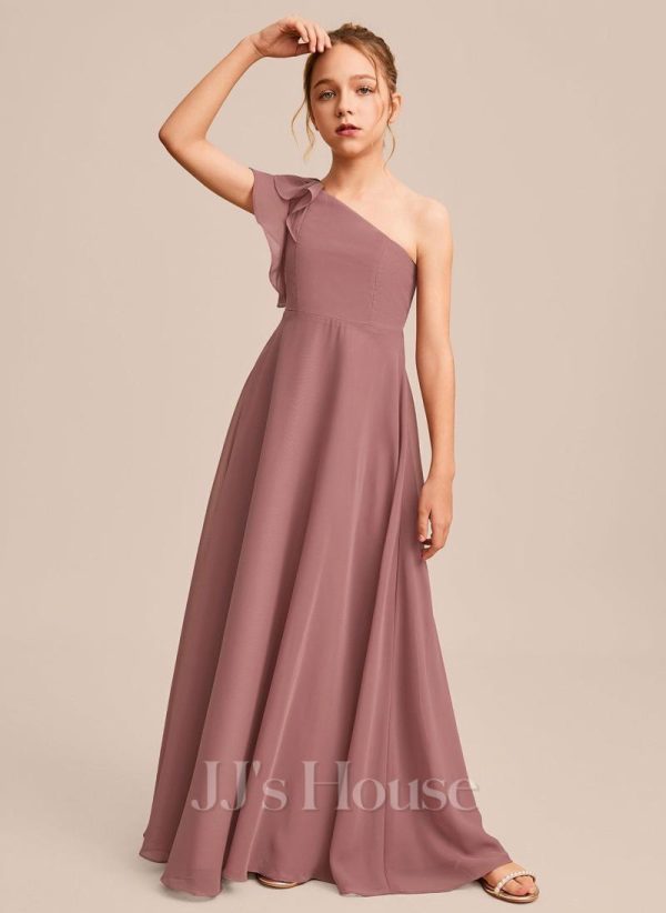 Junior Bridesmaid Dresses | A-line One Shoulder Floor-Length Chiffon Junior Bridesmaid Dress Desert Rose – Girls