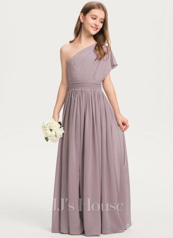 Junior Bridesmaid Dresses | A-line One Shoulder Floor-Length Chiffon Junior Bridesmaid Dress Dusk – Girls