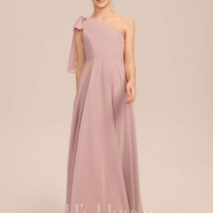 Junior Bridesmaid Dresses | A-line One Shoulder Floor-Length Chiffon Junior Bridesmaid Dress With Bow Dusty Rose – Girls