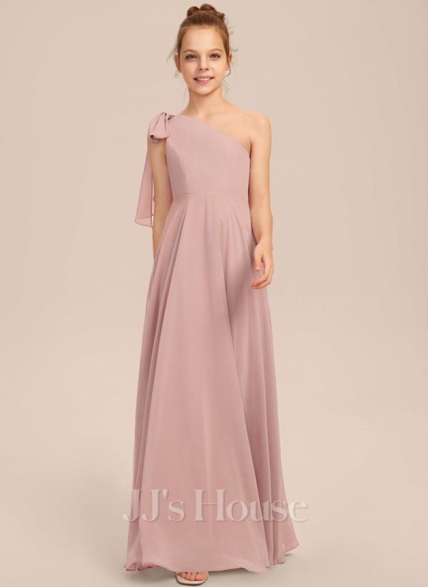 Junior Bridesmaid Dresses | A-line One Shoulder Floor-Length Chiffon Junior Bridesmaid Dress With Bow Dusty Rose – Girls