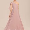 Junior Bridesmaid Dresses | A-line One Shoulder Floor-Length Chiffon Junior Bridesmaid Dress With Bow Dusty Rose – Girls