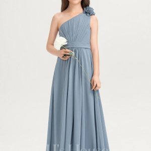 Junior Bridesmaid Dresses | A-line One Shoulder Floor-Length Chiffon Junior Bridesmaid Dress With Flower Dusty Blue – Girls