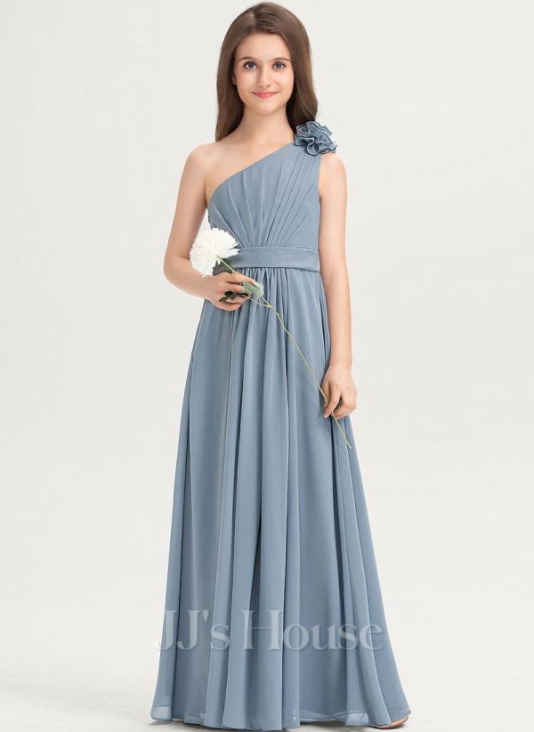 Junior Bridesmaid Dresses | A-line One Shoulder Floor-Length Chiffon Junior Bridesmaid Dress With Flower Dusty Blue – Girls