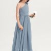 Junior Bridesmaid Dresses | A-line One Shoulder Floor-Length Chiffon Junior Bridesmaid Dress With Flower Dusty Blue – Girls