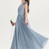 Junior Bridesmaid Dresses | A-line One Shoulder Floor-Length Chiffon Junior Bridesmaid Dress With Flower Dusty Blue – Girls