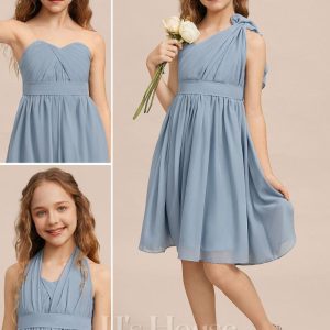 Junior Bridesmaid Dresses | A-line One Shoulder Knee-Length Chiffon Junior Bridesmaid Dress Dusty Blue – Girls