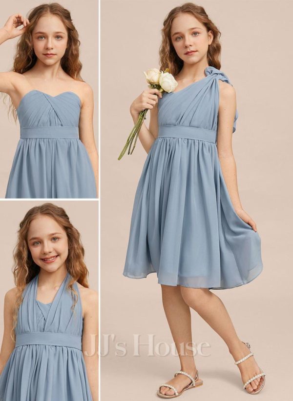 Junior Bridesmaid Dresses | A-line One Shoulder Knee-Length Chiffon Junior Bridesmaid Dress Dusty Blue – Girls