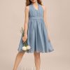 Junior Bridesmaid Dresses | A-line One Shoulder Knee-Length Chiffon Junior Bridesmaid Dress Dusty Blue – Girls