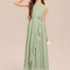 Junior Bridesmaid Dresses | A-line Scoop Ankle-Length Chiffon Junior Bridesmaid Dress With Bow Celadon – Girls