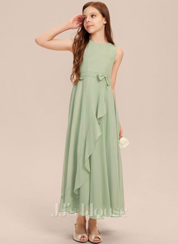 Junior Bridesmaid Dresses | A-line Scoop Ankle-Length Chiffon Junior Bridesmaid Dress With Bow Celadon – Girls