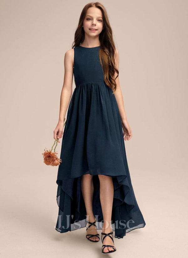 Junior Bridesmaid Dresses | A-line Scoop Asymmetrical Chiffon Junior Bridesmaid Dress Dark Navy – Girls