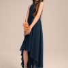 Junior Bridesmaid Dresses | A-line Scoop Asymmetrical Chiffon Junior Bridesmaid Dress Dark Navy – Girls