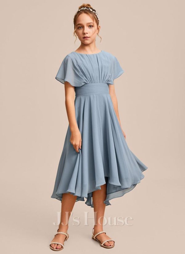 Junior Bridesmaid Dresses | A-line Scoop Asymmetrical Chiffon Junior Bridesmaid Dress Dusty Blue – Girls