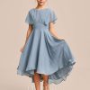 Junior Bridesmaid Dresses | A-line Scoop Asymmetrical Chiffon Junior Bridesmaid Dress Dusty Blue – Girls