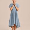 Junior Bridesmaid Dresses | A-line Scoop Asymmetrical Chiffon Junior Bridesmaid Dress Dusty Blue – Girls