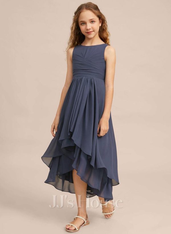 Junior Bridesmaid Dresses | A-line Scoop Asymmetrical Chiffon Junior Bridesmaid Dress Stormy – Girls