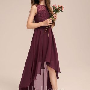 Junior Bridesmaid Dresses | A-line Scoop Asymmetrical Chiffon Lace Junior Bridesmaid Dress Cabernet – Girls