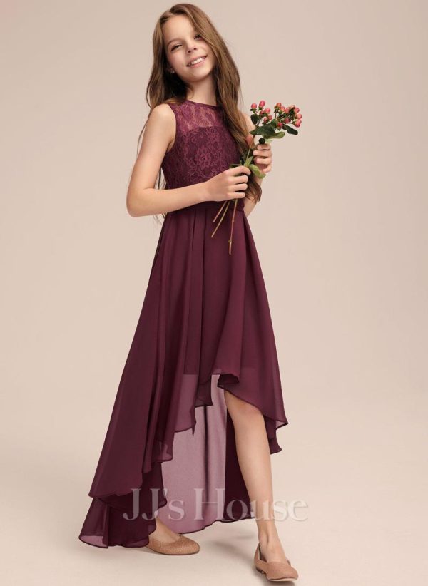 Junior Bridesmaid Dresses | A-line Scoop Asymmetrical Chiffon Lace Junior Bridesmaid Dress Cabernet – Girls