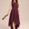 Junior Bridesmaid Dresses | A-line Scoop Asymmetrical Chiffon Lace Junior Bridesmaid Dress Cabernet – Girls