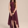 Junior Bridesmaid Dresses | A-line Scoop Asymmetrical Chiffon Lace Junior Bridesmaid Dress Cabernet – Girls