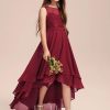 Junior Bridesmaid Dresses | A-line Scoop Asymmetrical Chiffon Lace Junior Bridesmaid Dress With Cascading Ruffles Burgundy – Girls