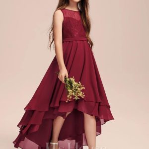 Junior Bridesmaid Dresses | A-line Scoop Asymmetrical Chiffon Lace Junior Bridesmaid Dress With Cascading Ruffles Burgundy – Girls