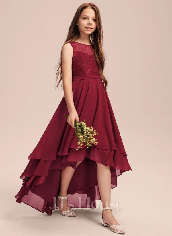 Junior Bridesmaid Dresses | A-line Scoop Asymmetrical Chiffon Lace Junior Bridesmaid Dress With Cascading Ruffles Burgundy – Girls