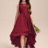 Junior Bridesmaid Dresses | A-line Scoop Asymmetrical Chiffon Lace Junior Bridesmaid Dress With Cascading Ruffles Burgundy – Girls