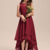 Junior Bridesmaid Dresses | A-line Scoop Asymmetrical Chiffon Lace Junior Bridesmaid Dress With Cascading Ruffles Burgundy – Girls