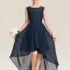 Junior Bridesmaid Dresses | A-line Scoop Asymmetrical Lace Chiffon Junior Bridesmaid Dress With Cascading Ruffles Bow Dark Navy – Girls